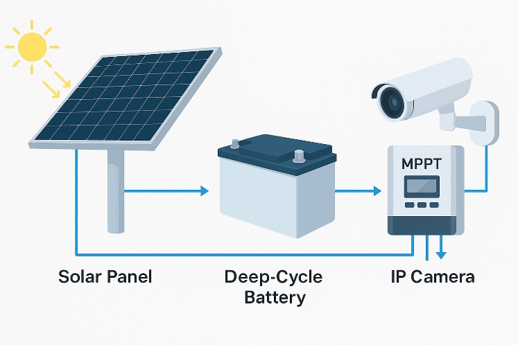 Diagram of an off-grid solar CCTV system structure with solar panels, battery, MPPT controller, and IP camera for roadside LED signage