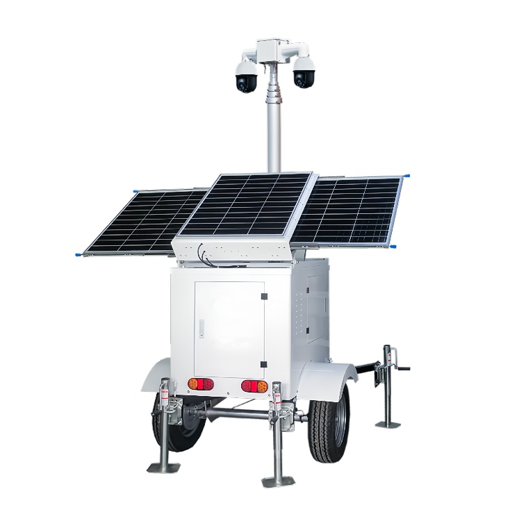 Quad-camera solar-powered mobile CCTV trailer with foldable panels for off-grid all-in-one surveillance deployments