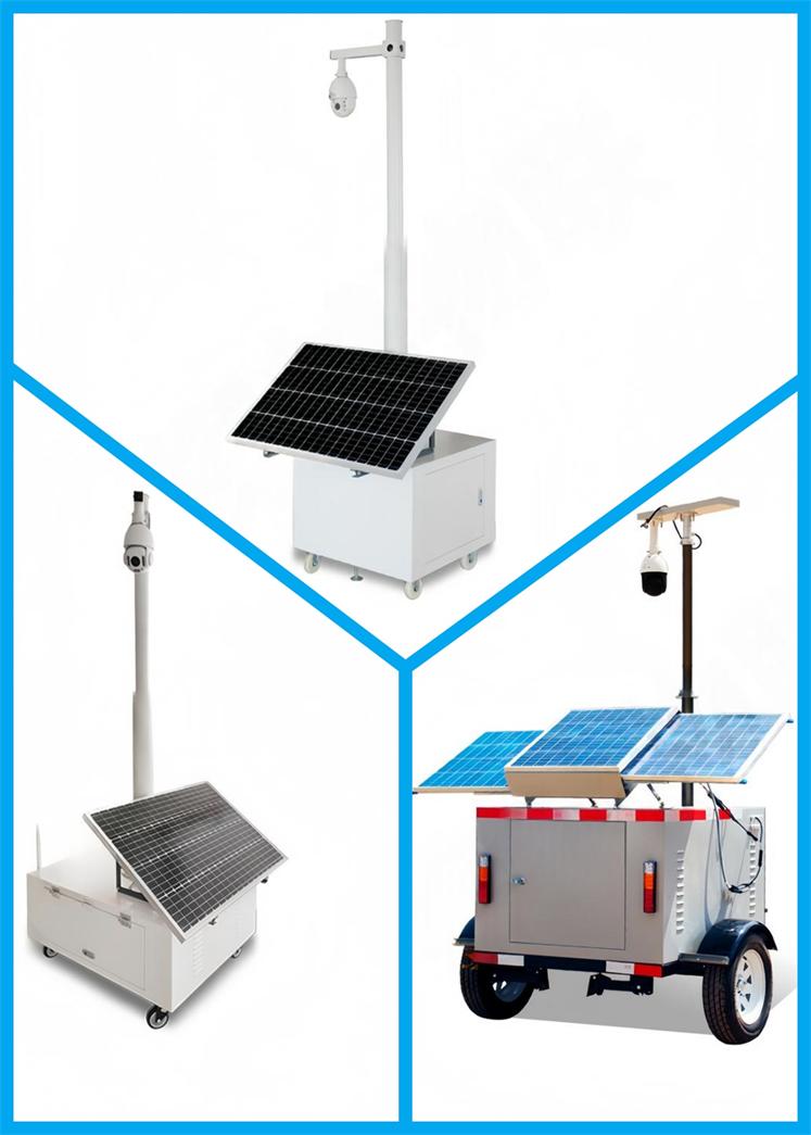 Three solar-powered mobile CCTV trailers in small, medium, and large formats for off-grid security deployments