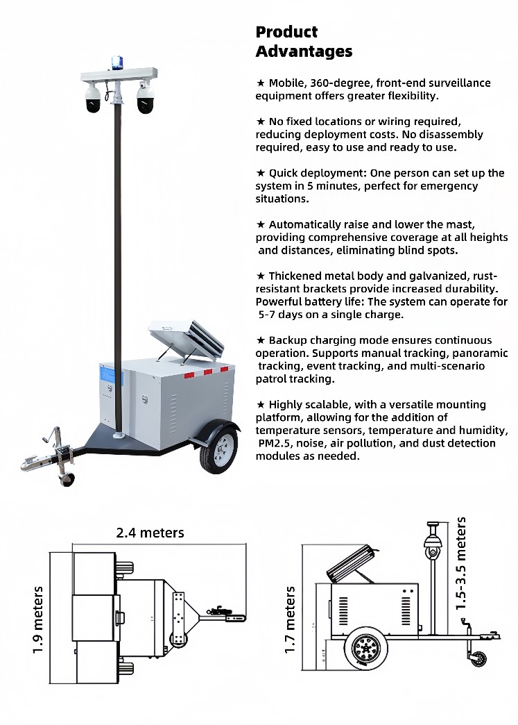 Heavy-duty mobile solar CCTV trailer with dual cameras, LiFePO4 battery, MPPT controller, and technical labels for industrial use