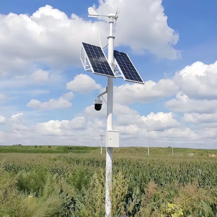 farm surveillance system powered by wind-solar hybrid energy with remote monitoring camera in rural agriculture land