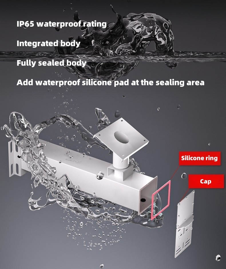 This image features the IP65-rated waterproof housing of a solar CCTV system bracket designed to protect electronics in outdoor surveillance setups, manufactured by a China solar power system factory.
