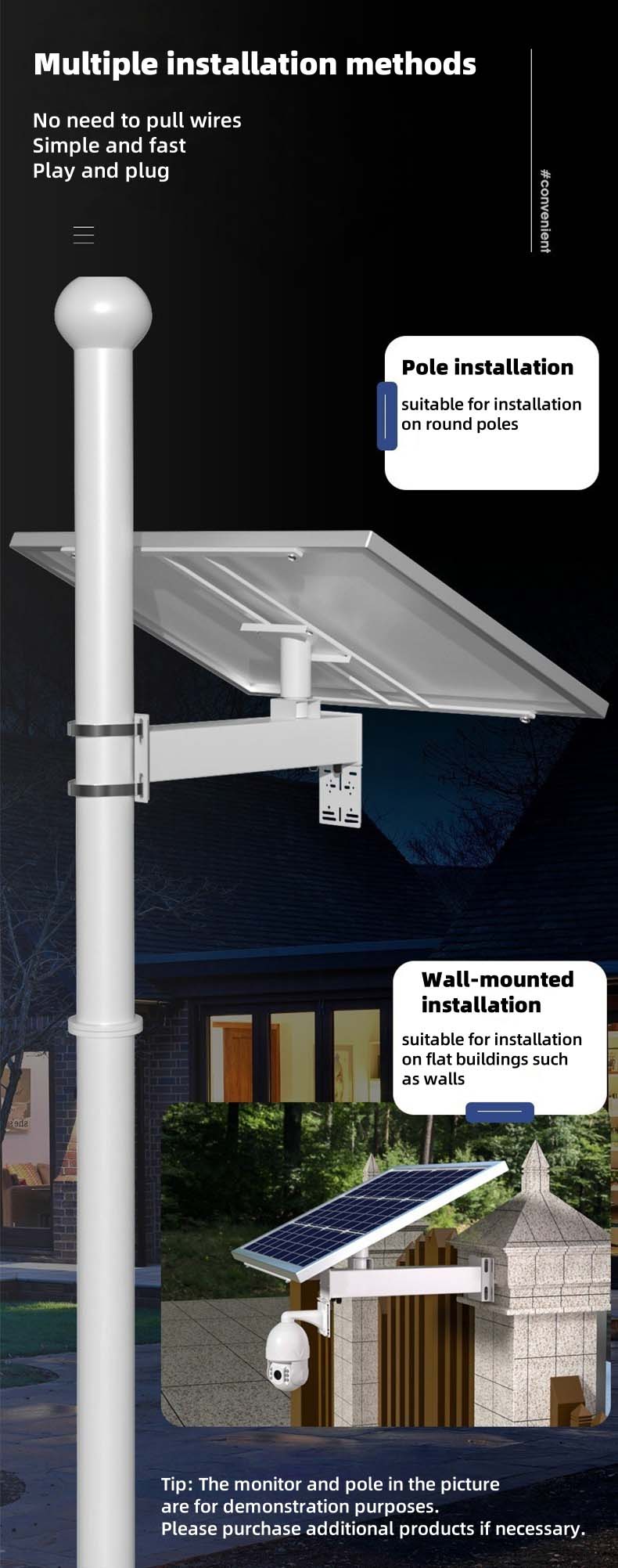 This image showcases multiple installation options for the solar-powered CCTV system, supporting wall and pole mounting, ideal for rural, farm, and infrastructure surveillance by a China OEM solar power system factory