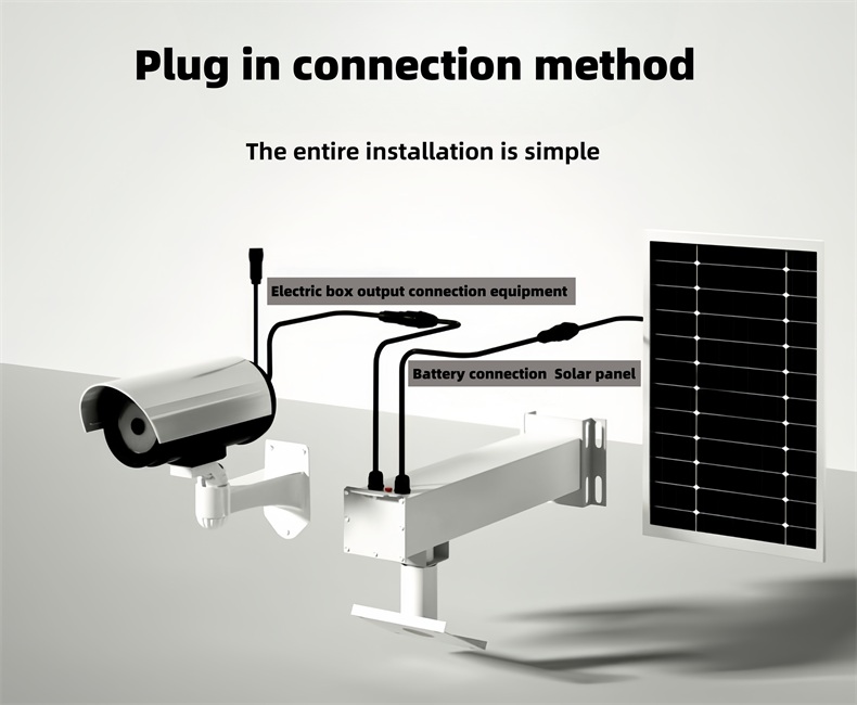 The image demonstrates a plug-in connection method of a solar security camera power system, simplifying setup with modular wiring suitable for rural or construction site deployment by solar CCTV kit exporters