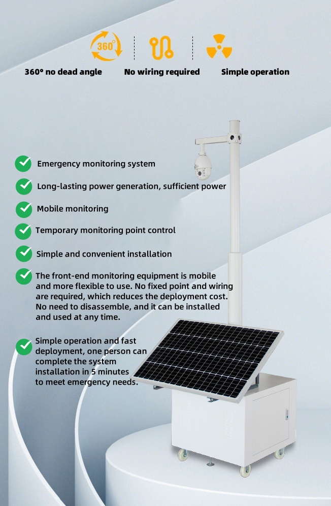 This image highlights a mobile surveillance trailer equipped with solar panels and PTZ camera, showcasing its fast emergency deployment, no wiring required, and flexible operation for remote monitoring in China and rugged outdoor scenarios