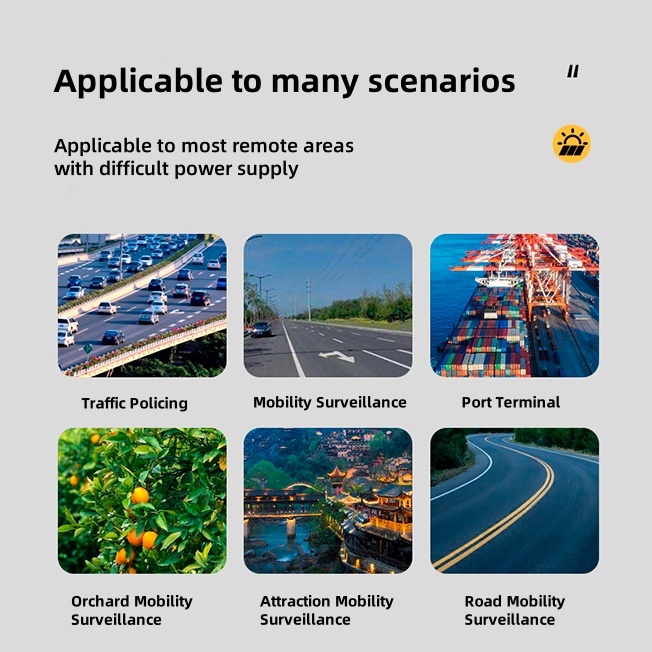This mobile surveillance trailer is shown deployed across traffic roads, ports, orchards, attractions, and highways, enabling reliable off-grid monitoring in remote areas where power access is limited