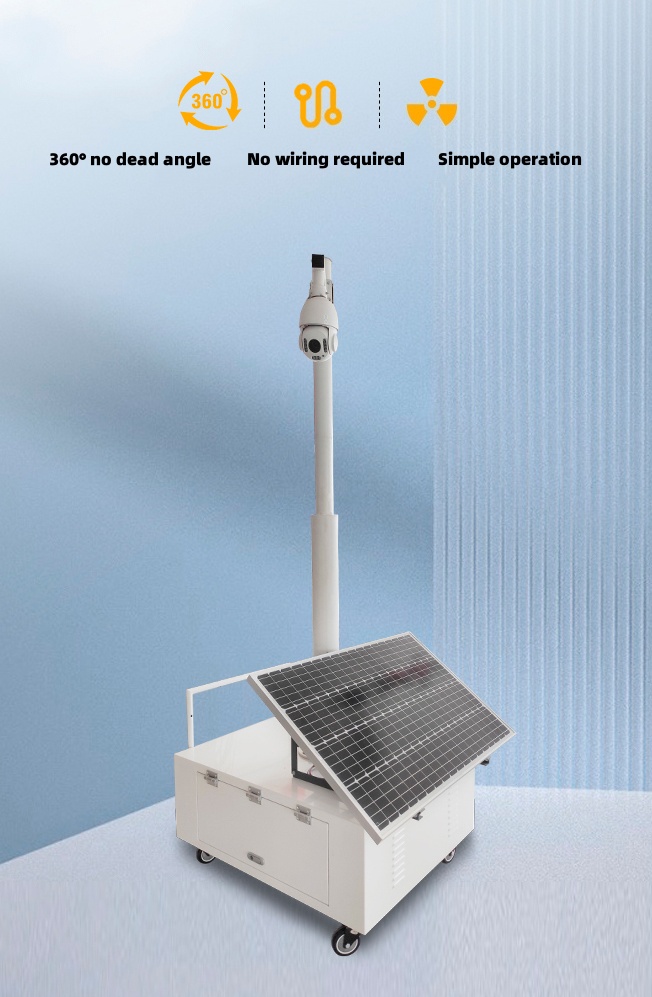 This image highlights a solar-powered Mobile Surveillance Trailer with 360° no dead angle rotation, no wiring required, and simple installation, ideal for rapid security deployment by Kongfar in off-grid monitoring projects
