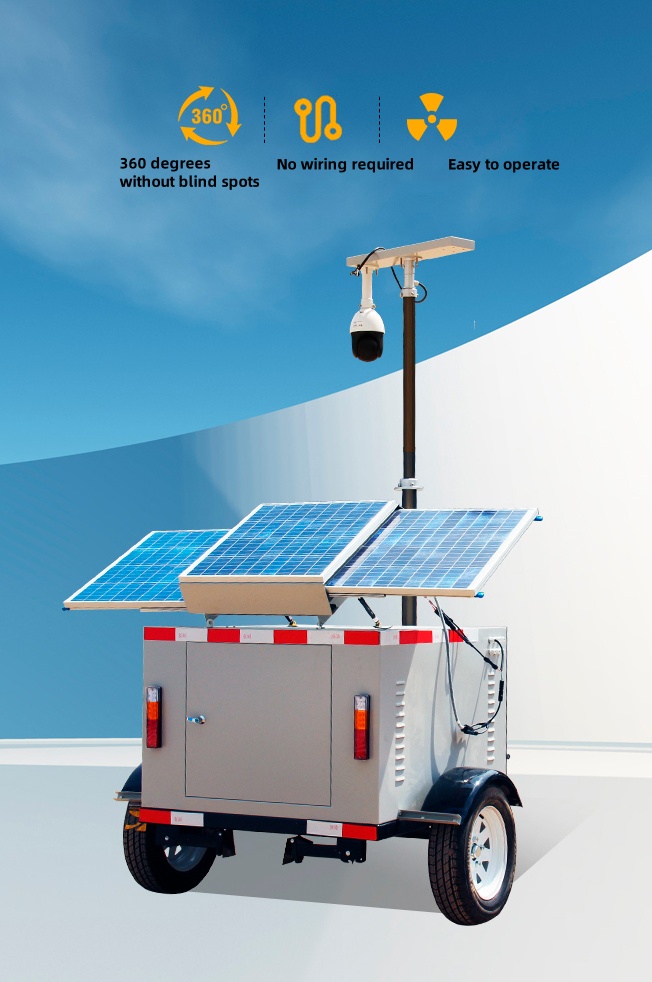 This image shows the 360-degree rotation, wireless setup, and simple operation features of a mobile surveillance trailer with solar-powered CCTV system, manufactured in China, designed for remote and mobile security