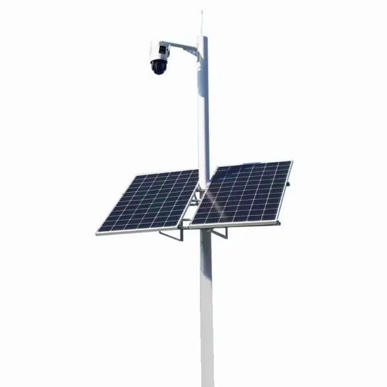A self-powered surveillance pole equipped with a PTZ camera and dual solar panels, designed for off-grid highway security monitoring in remote infrastructure environments