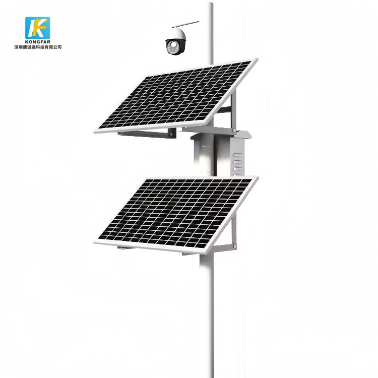 This dual-panel solar mounting system powers outdoor CCTV cameras as part of a solar CCTV kit, providing a reliable remote monitoring solution from a China OEM factory, ideal for forest surveillance and critical infrastructure protection