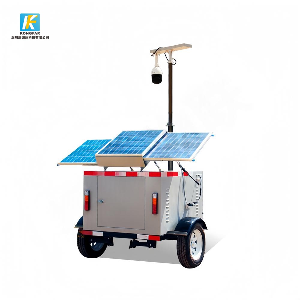This mobile unit integrates a solar-powered PTZ surveillance system designed for roadside security monitoring, offered by a China-based OEM manufacturer for off-grid deployment