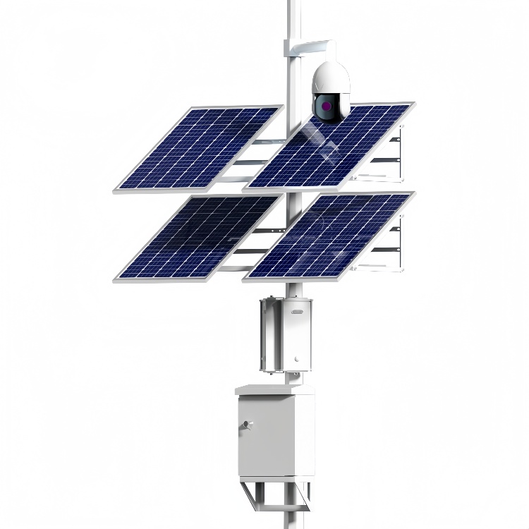 A four-panel solar tower powers a PTZ camera for continuous off-grid surveillance, representing a solar CCTV kit from a China OEM factory used in remote and infrastructure security