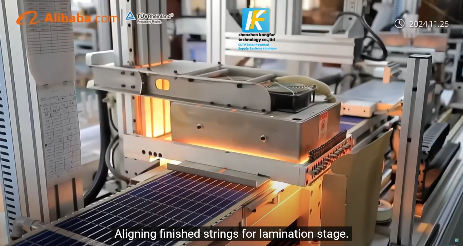 This image highlights the alignment of finished solar cell strings for the lamination stage, part of the advanced manufacturing of solar power kits by a China OEM solar CCTV system factory for surveillance and telecom applications