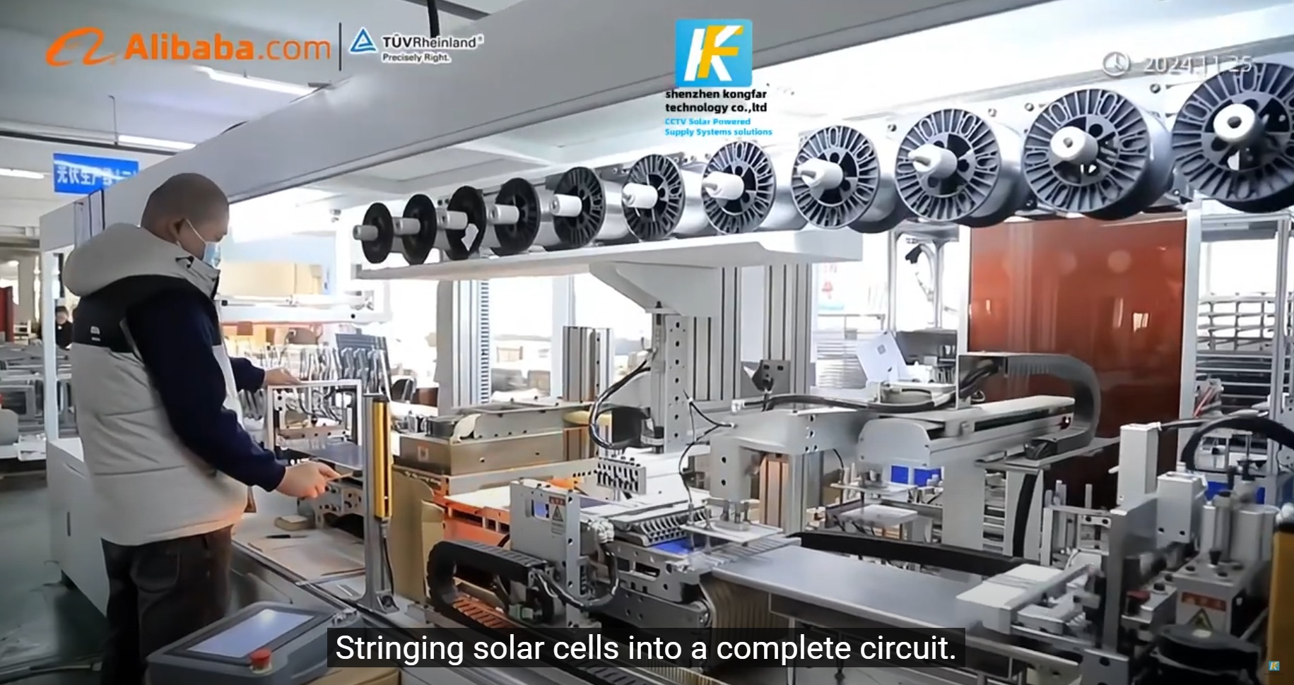 This image features the automated stringing process of solar cells into a complete circuit, highlighting advanced production of solar CCTV systems by a China solar power system factory for smart agriculture and highway monitoring