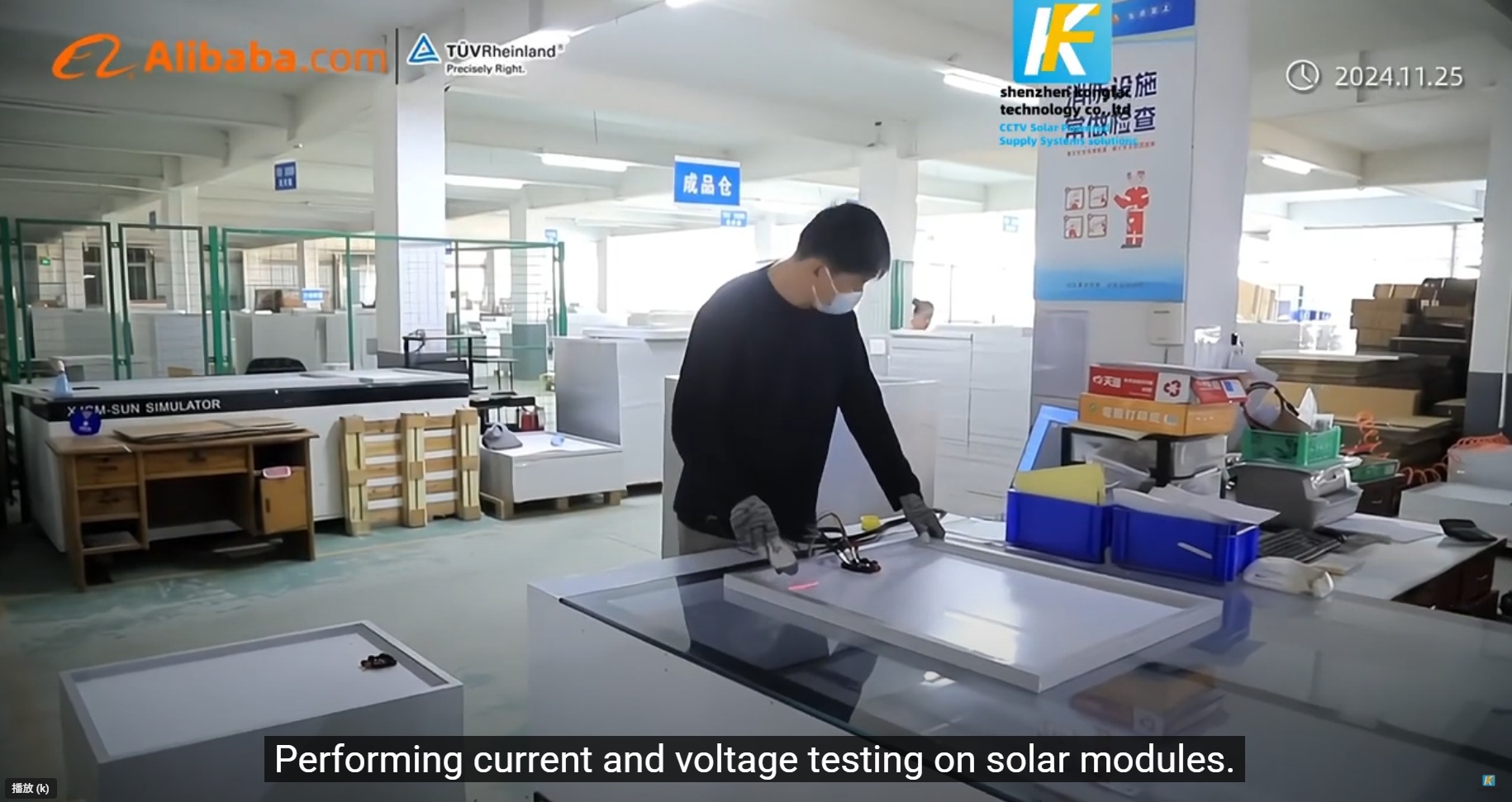 This image shows a technician performing current and voltage testing on solar modules, ensuring the reliability of solar-powered CCTV systems produced by a China solar power kit manufacturer for off-grid surveillance and telecom projects