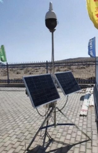 CCTV monitoring system with dual 200W solar panels deployed in Xinjiang, providing reliable off-grid desert surveillance