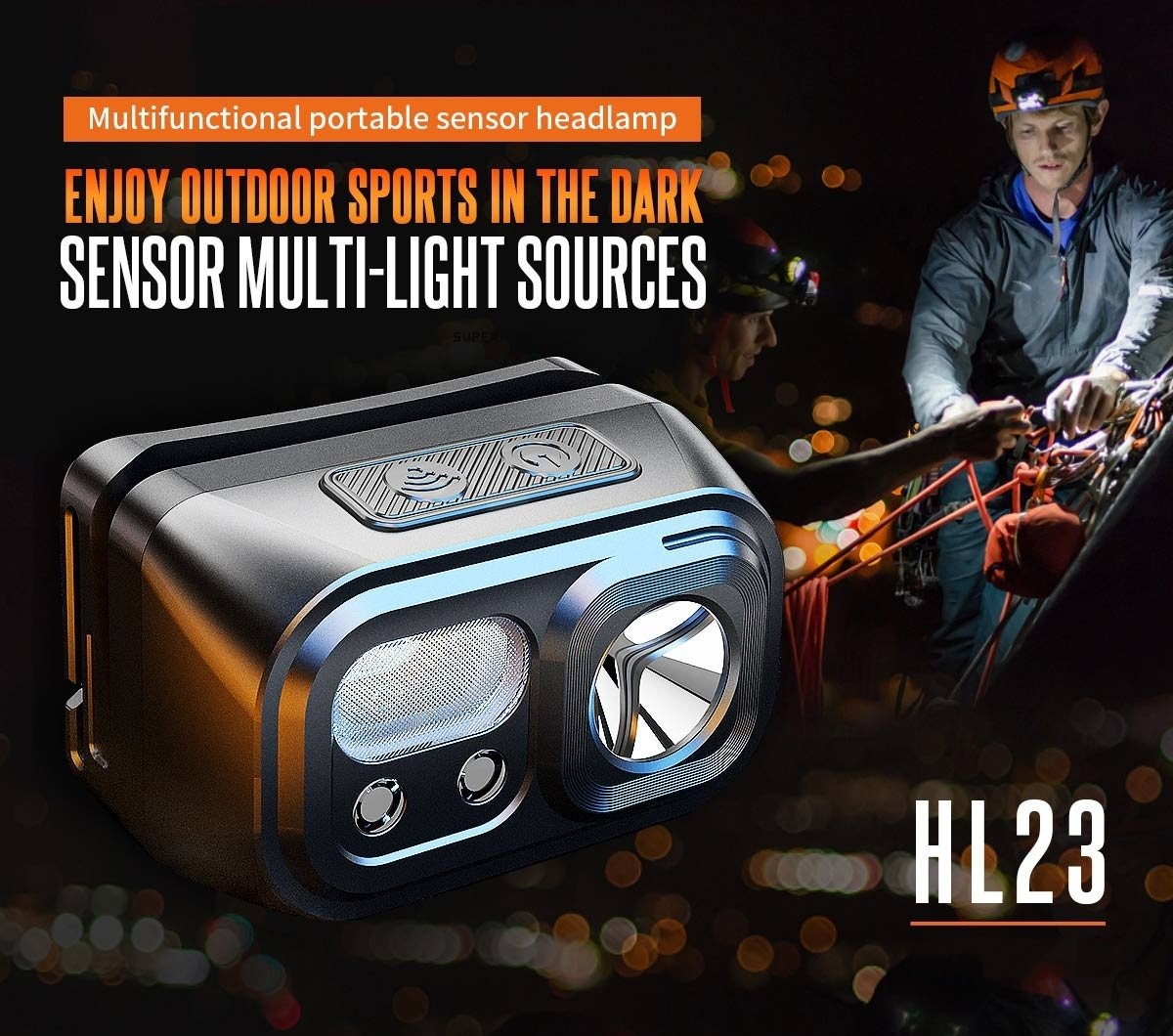 A multifunctional portable LED headlamp with red sensor and dual light sources, designed for safe outdoor sports at night. This sensor headlamp offers multiple lighting modes and is ideal for climbers, hikers, and emergency users. Developed by a China manufacturer, perfect for night activities and rugged terrains