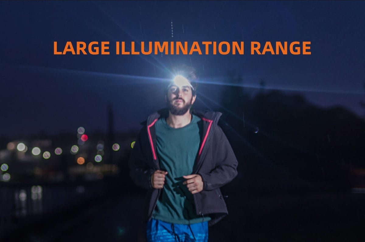 A man is jogging at night wearing a bright LED headlamp that provides wide-area illumination, showcasing a rechargeable headlamp ideal for nighttime running and safety visibility, developed by a China outdoor lighting supplier for urban and trail jogging scenarios