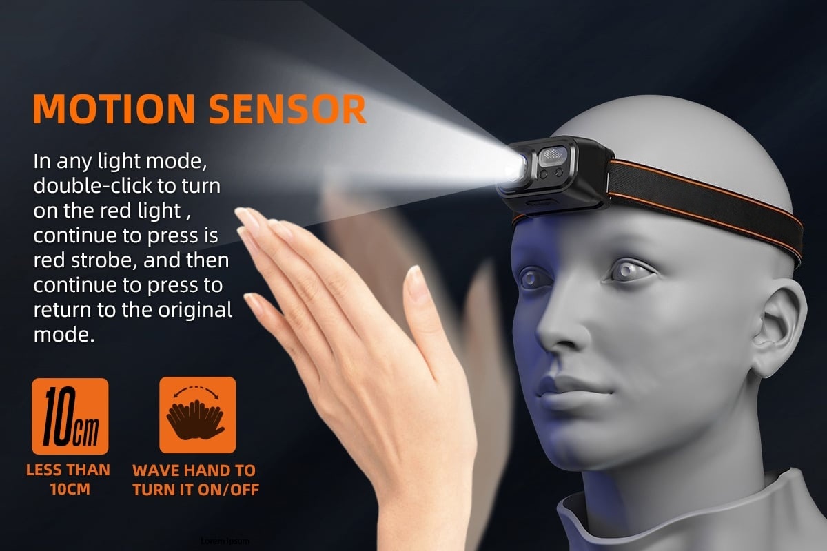 A hand waves in front of the HL23 headlamp to activate its motion sensor function, enabling hands-free switching between red light, red strobe, and original modes. The built-in infrared sensor detects movement within 10cm, making it ideal for gloved users, nighttime workers, and outdoor enthusiasts seeking convenient lighting control