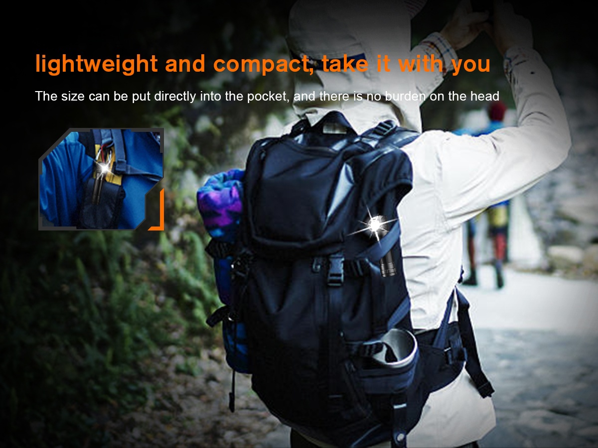 A compact LED headlamp is easily stored in the backpack side pocket, showing its portability for hiking and outdoor travel. Built with a lightweight and ergonomic design for users who need to carry light gear on the move