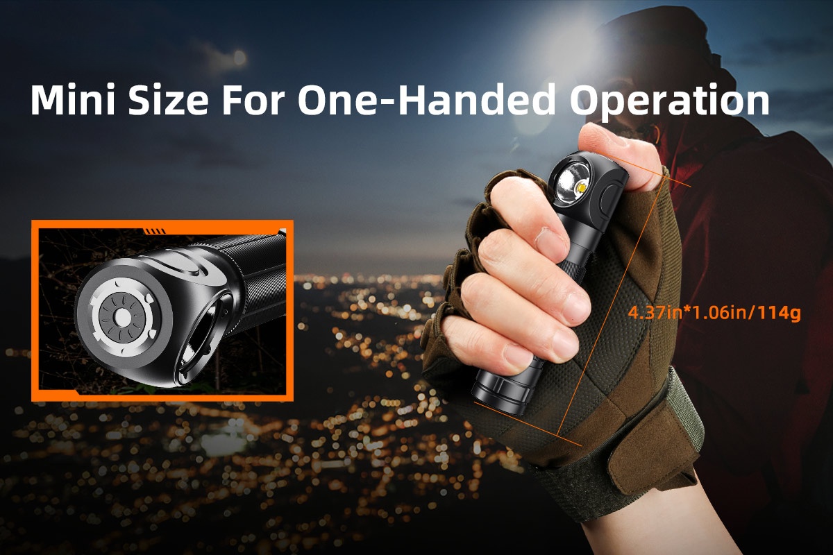 This image highlights the compact size and single-hand operation of the Kongfar LED headlamp, weighing only 114g and measuring 4.37 inches. Suitable for field technicians, hikers, and mobile workers requiring portable lighting solutions
