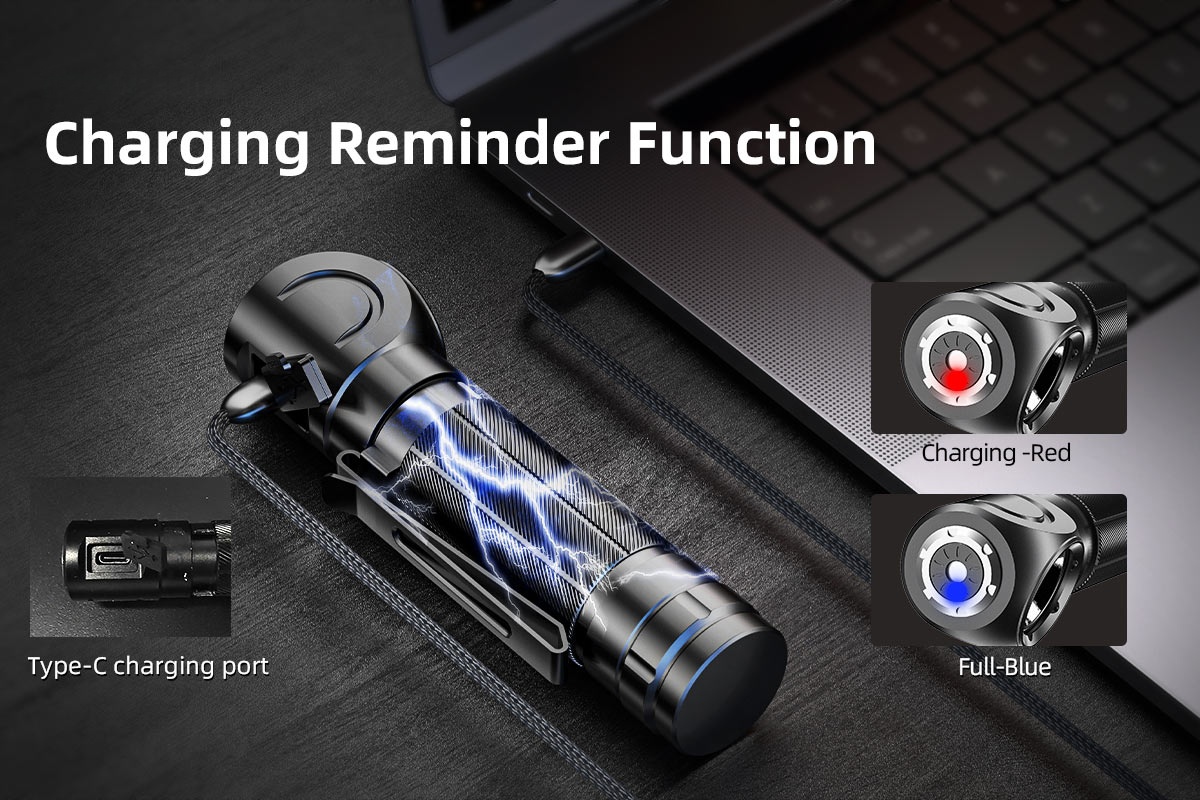 A close-up image shows the charging reminder function of the USB-C headlamp, with red and blue LED indicators to signal charging status. Ideal for outdoor work, engineering, and industrial usage from a Chinese OEM supplier