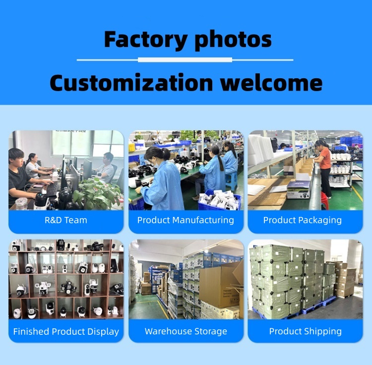 Factory photos showing research, manufacturing, packaging, warehouse storage, and shipping processes for solar-powered security cameras