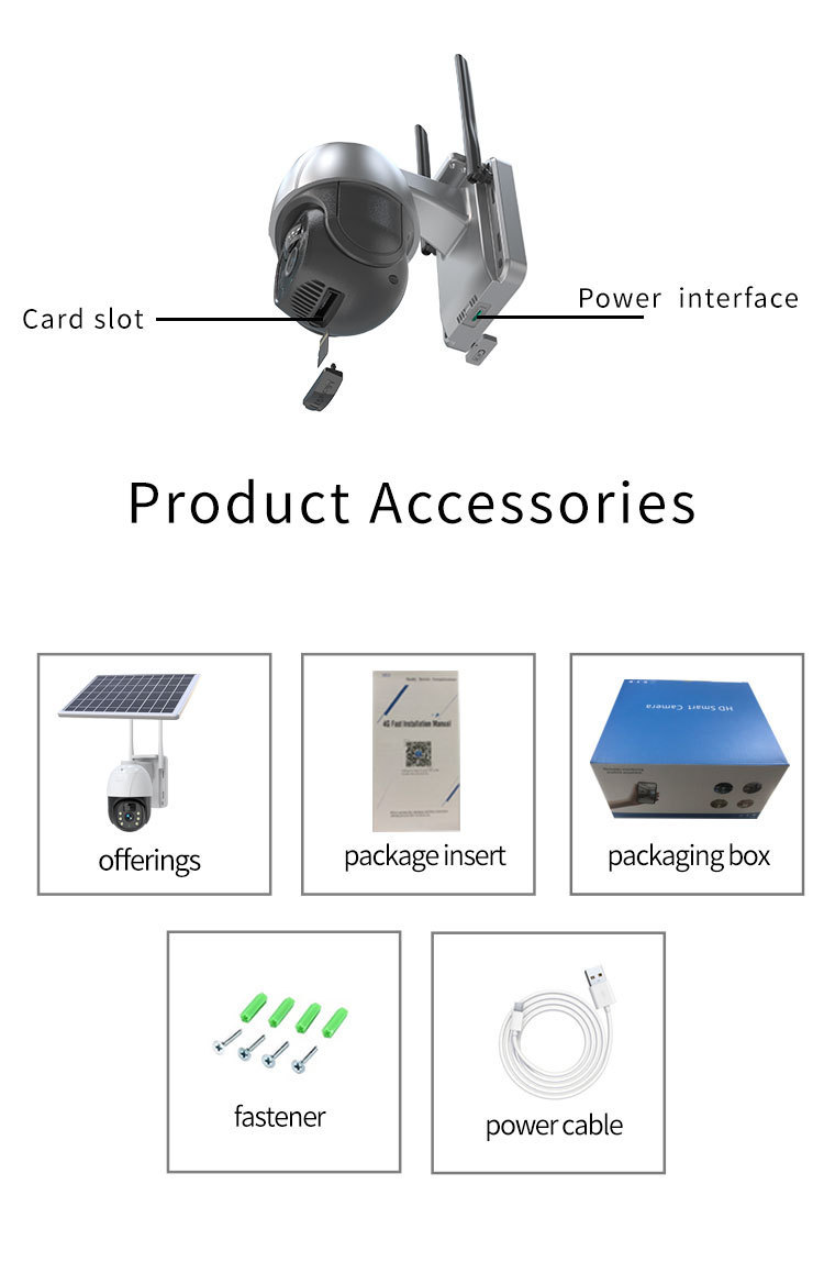 A set of accessories included with a solar-powered security camera, including the camera unit, mounting fasteners, power cable, manual, and packaging box