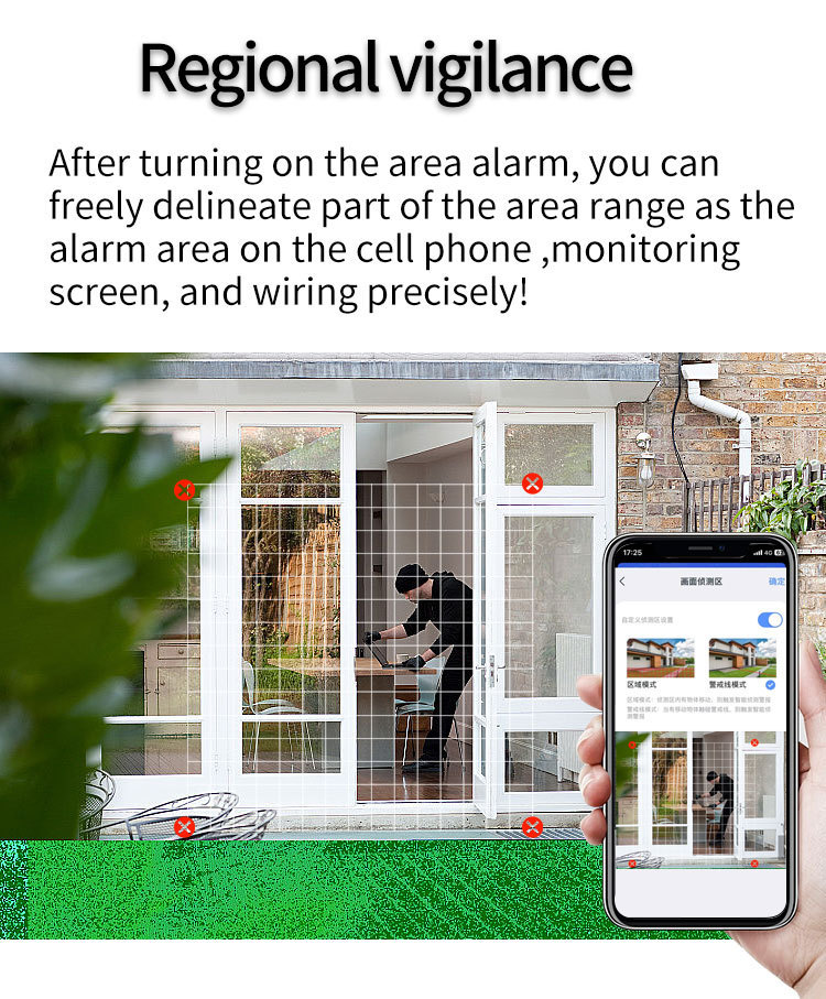A solar-powered security camera using a mobile app to define custom alarm zones for precise regional vigilance and targeted surveillance