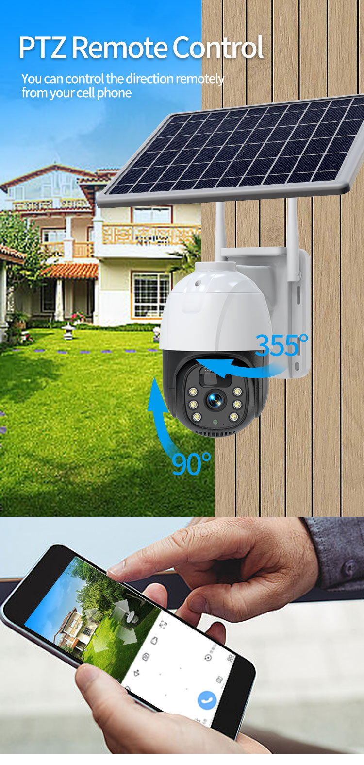 A solar-powered security camera using two-way voice intercom, PIR motion detection, and light or siren alerts to respond to suspicious activity