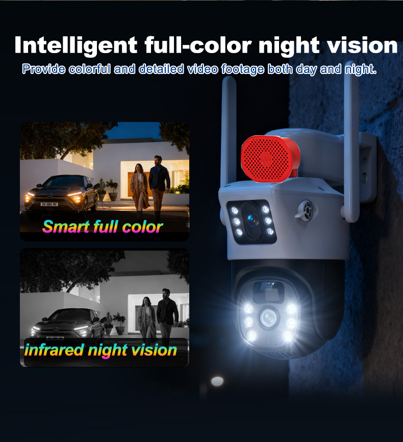 Solar-powered security camera demonstrating intelligent full-color night vision and infrared night vision modes to ensure clear outdoor surveillance and identification in low-light and nighttime conditions