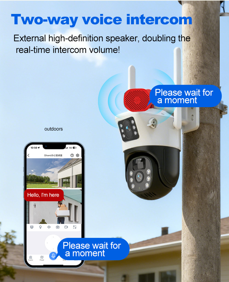 Solar-powered security camera featuring two-way voice intercom and external high-definition speaker for real-time outdoor communication, deterrence, and remote monitoring in off-grid environments