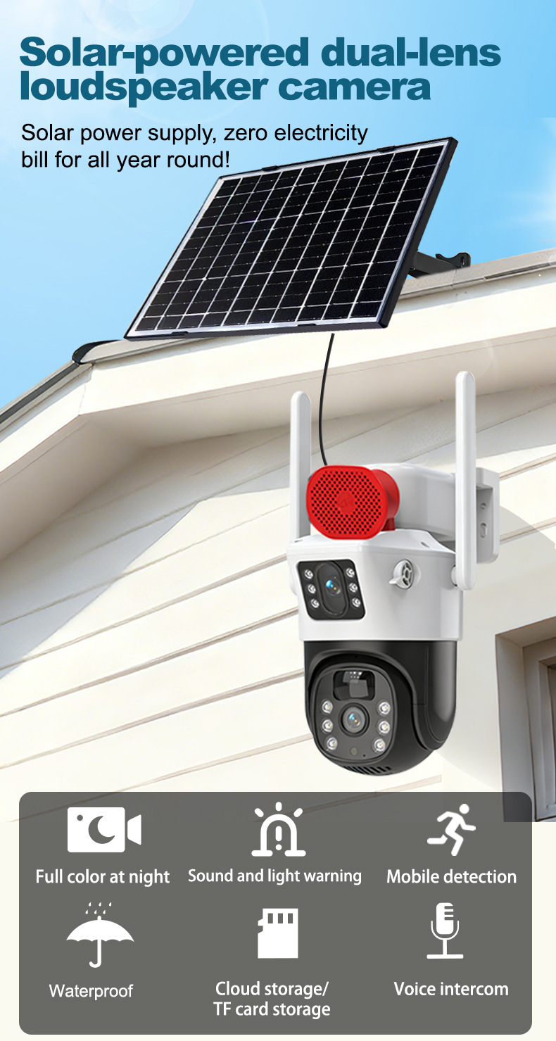 Solar-powered dual-lens loudspeaker camera designed for off-grid outdoor security monitoring with integrated solar panel, active deterrence audio, and wireless connectivity for residential and perimeter applications