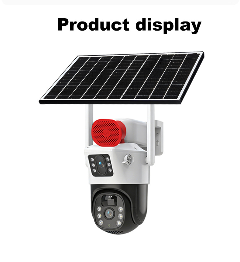 Solar powered PTZ CCTV camera system with integrated solar panel for off grid outdoor security monitoring