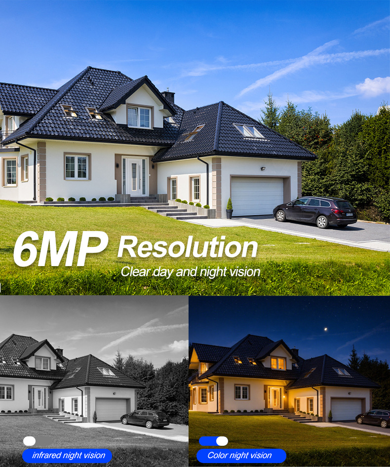 Solar-powered outdoor security camera showing 6MP resolution with clear daytime imaging, infrared night vision, and color night surveillance performance