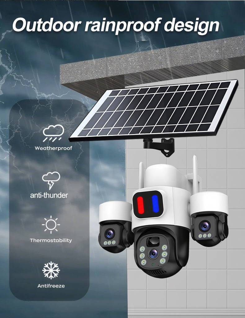 Outdoor rainproof solar-powered CCTV camera installed on a building exterior, demonstrating all-weather protection design for off-grid security monitoring applications
