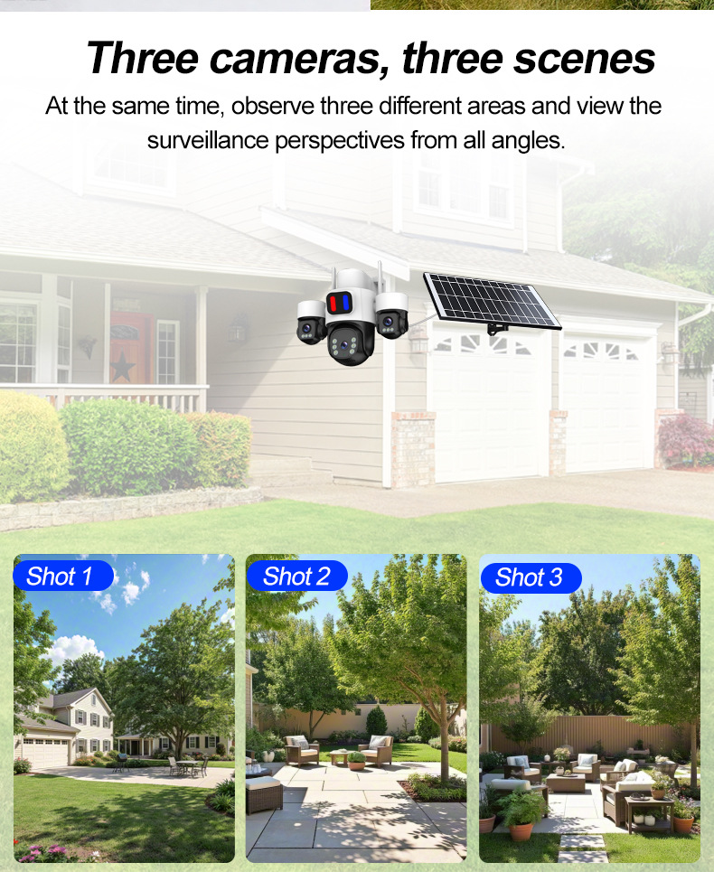 Solar powered three lens security camera providing simultaneous multi area surveillance for residential and outdoor security monitoring