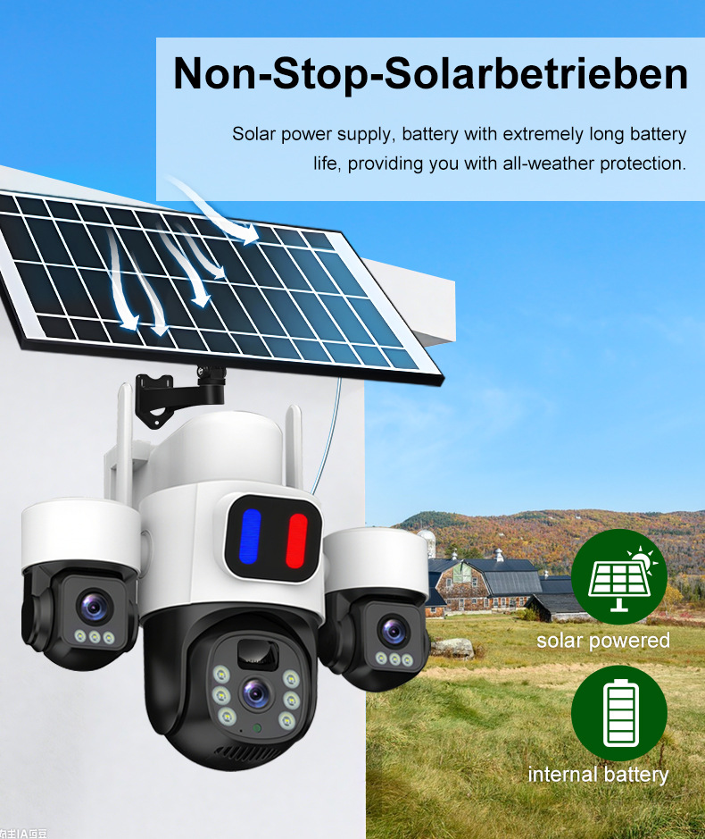 Solar powered three lens security camera with solar panel and internal battery designed for continuous off grid outdoor monitoring
