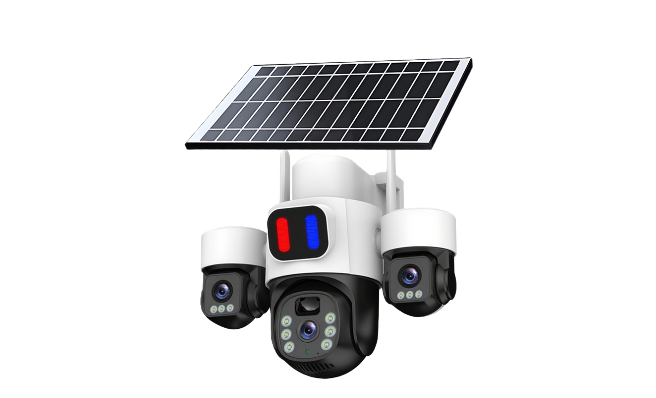 Solar powered three lens security camera structural design showing integrated solar panel multi lens modules and warning light unit for outdoor surveillance