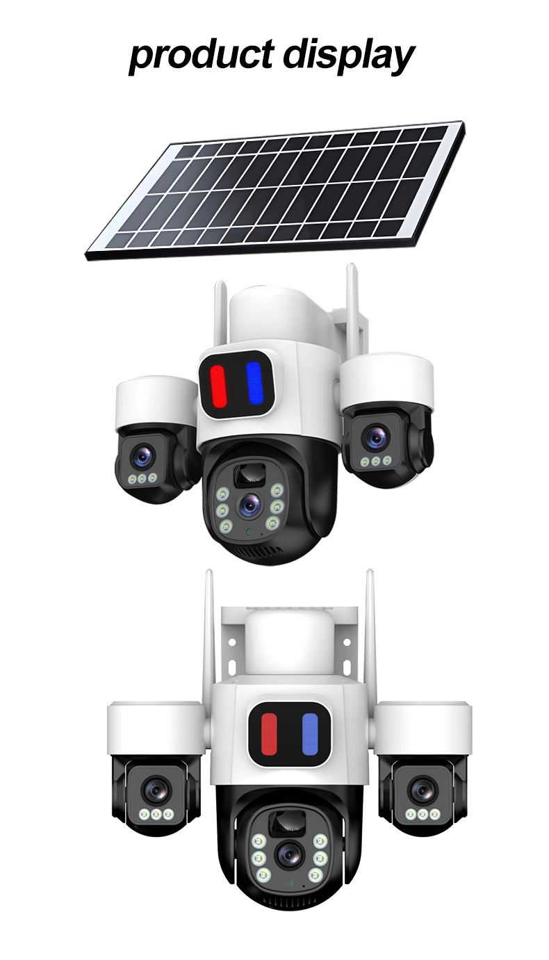 Solar-powered triple-lens CCTV security camera product display showing integrated solar panel and multi-angle surveillance camera structure for outdoor monitoring