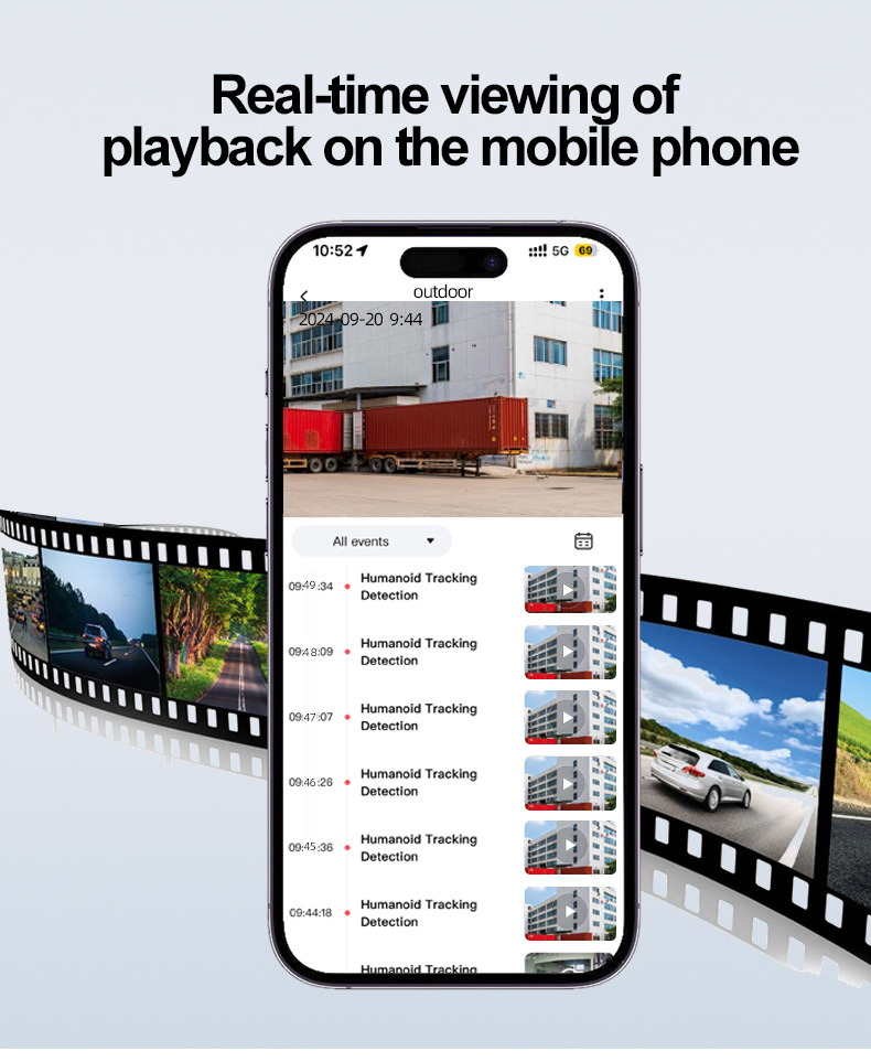 Mobile phone displaying real-time monitoring and playback interface for a solar-powered outdoor security camera system