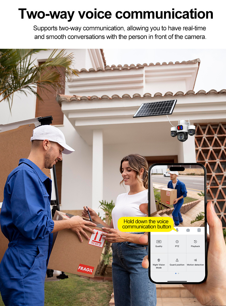 Solar-powered outdoor security camera supporting two-way voice communication with visitors via mobile application