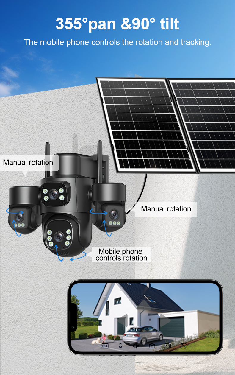 Solar powered PTZ surveillance camera with 355 degree pan and 90 degree tilt controlled via mobile application for remote outdoor monitoring, dynamic tracking, and wide-area security coverage