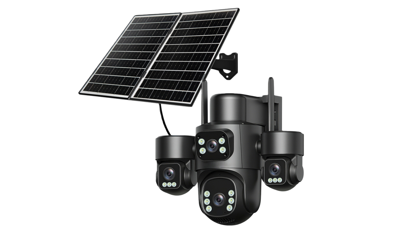 Solar-powered multi-lens surveillance camera system structure showing dual solar panels, integrated control unit, and multiple camera modules designed for off-grid outdoor security monitoring