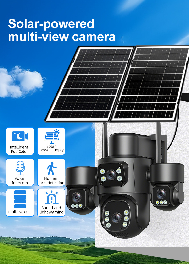 Integrated solar powered multi-view surveillance camera system with photovoltaic power supply, multi-lens imaging, AI detection, and sound-light warning for off-grid outdoor security monitoring applications