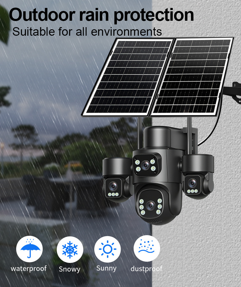Solar powered outdoor security camera system showing weatherproof performance in rain, dust, snow, and sunlight conditions for long-term off-grid surveillance use