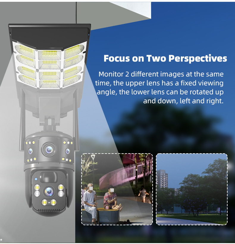 Dual-camera solar street light system demonstrating fixed upper lens and rotatable lower lens for multi-angle outdoor surveillance in off-grid urban environments