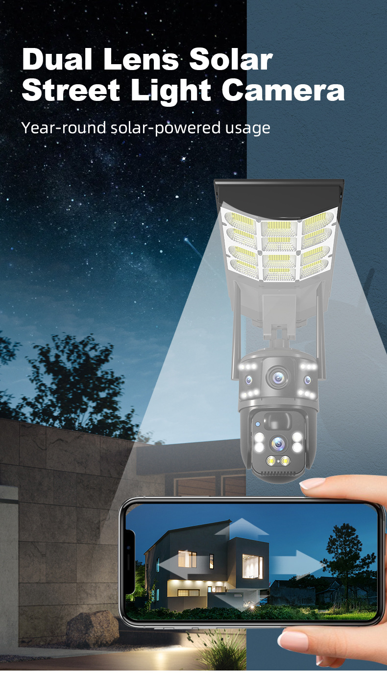 Dual-lens solar-powered LED street light camera illuminating and monitoring residential outdoor areas at night for off-grid security applications in Southeast Asia and Africa