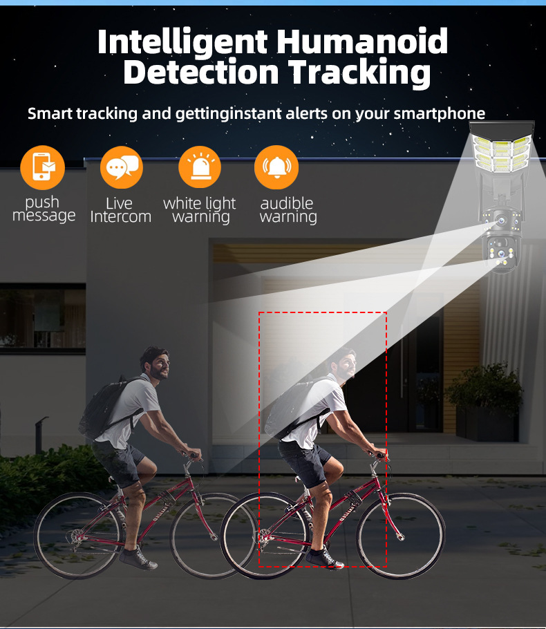 Solar-powered LED streetlight with dual-camera surveillance performing intelligent humanoid detection and tracking for proactive outdoor security monitoring
