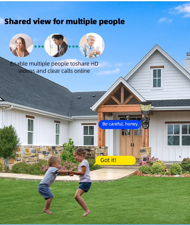 Solar-powered dual-camera LED streetlight enabling multi-user remote viewing and shared access for residential and community security monitoring applications